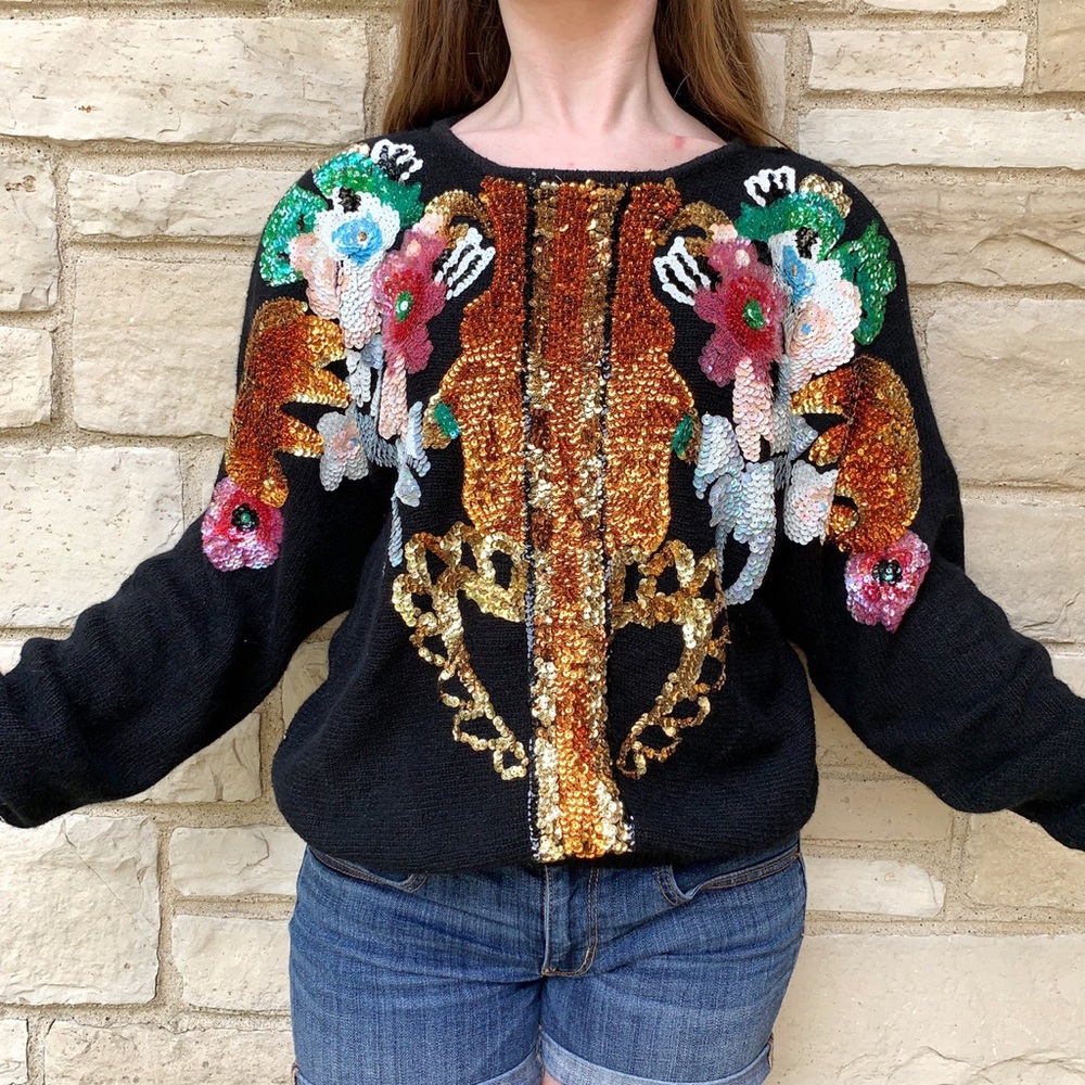 Vintage 1980s Wild Floral Sequin Sweater